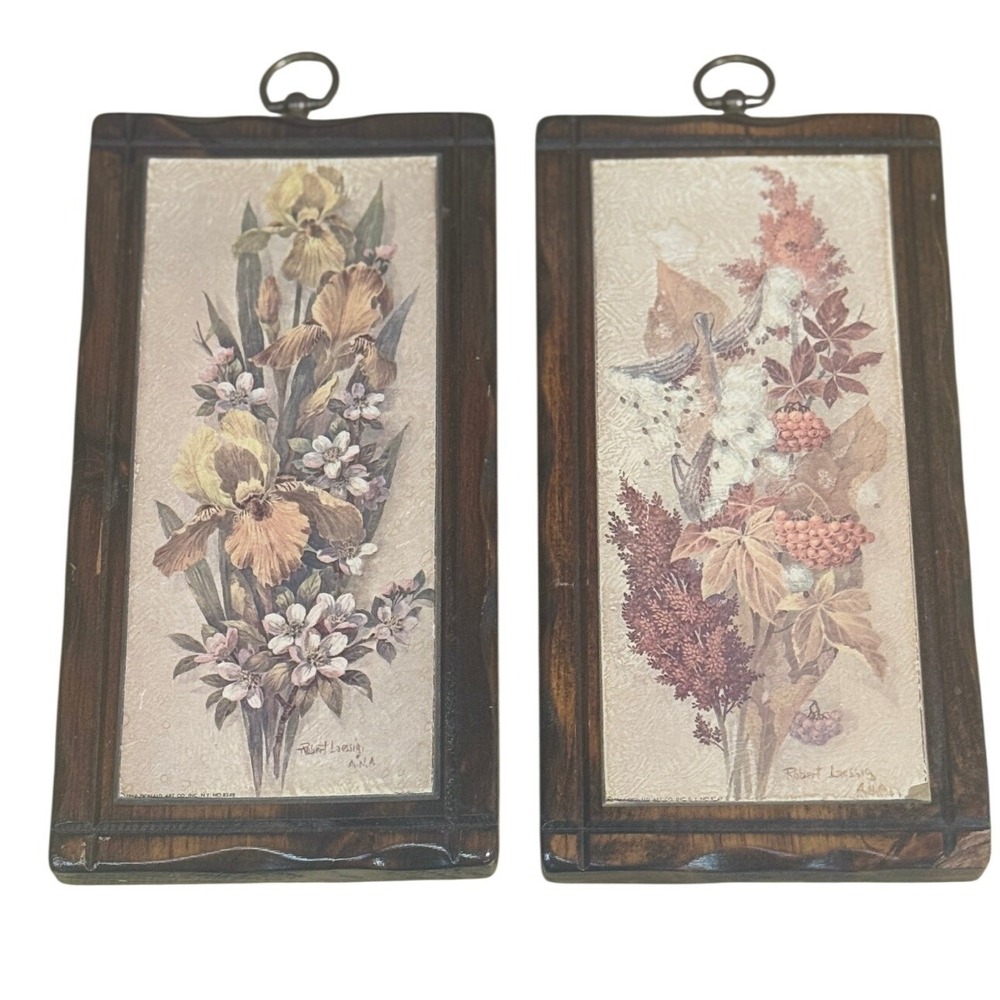 Vintage Robert Laessig Floral Wood Plaque Wall Art Set of 2 Iris Botanical 1966
